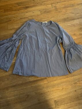 Solitaire Blue Pinstripe Bell-Sleeve Blouse